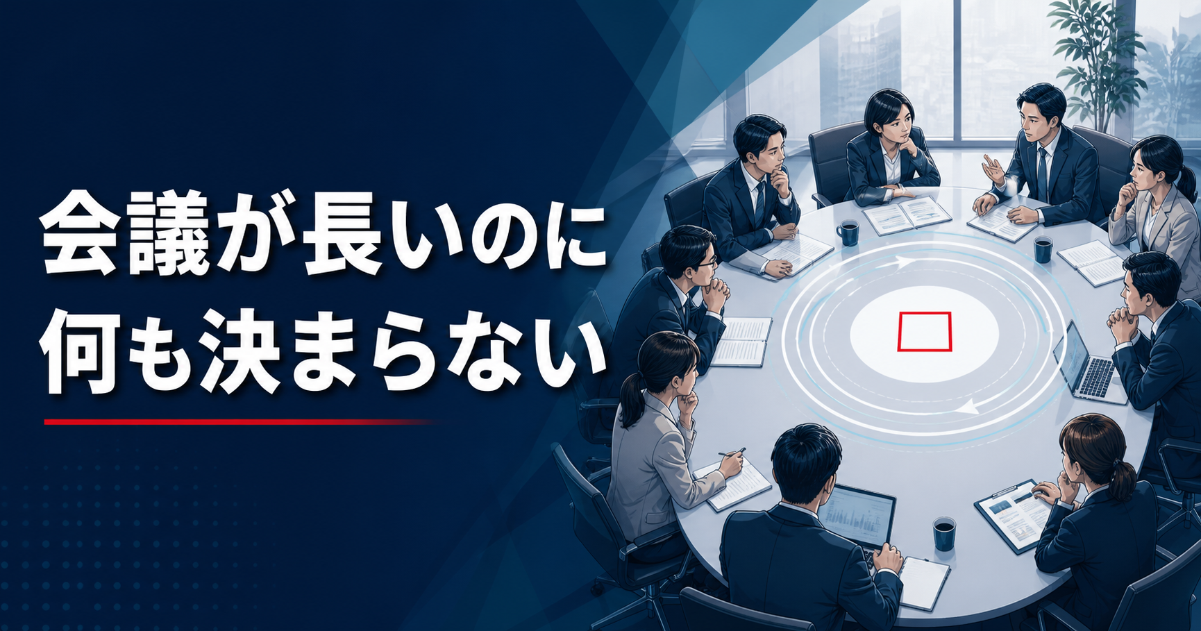 会議が長引き、意思決定できない組織の様子を表したイラスト