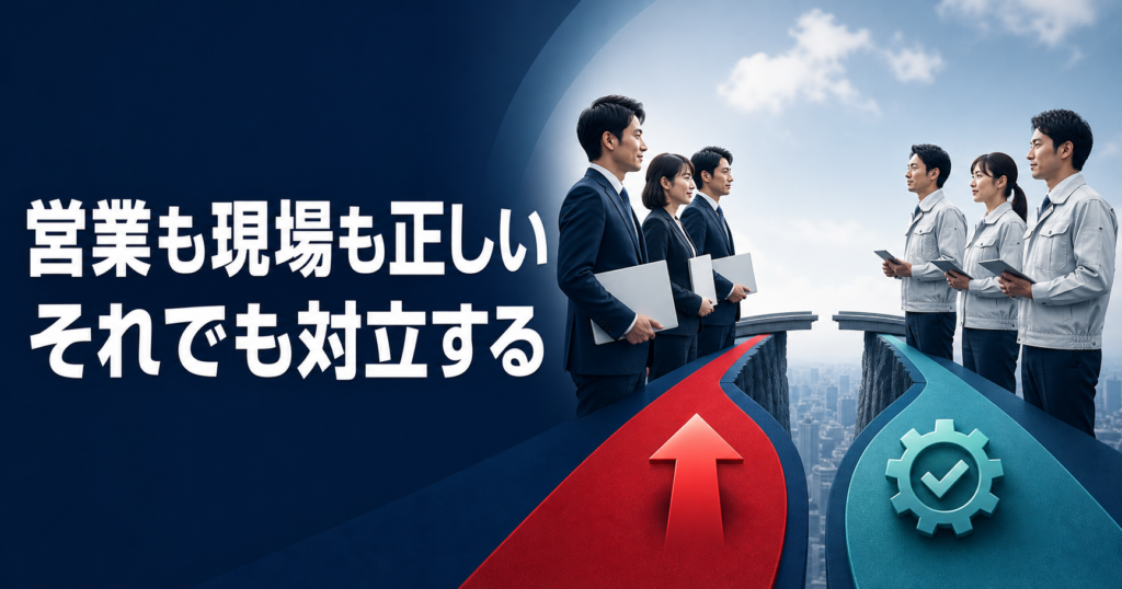 営業部門と現場部門が異なる正しさから対立する様子を表したイラスト