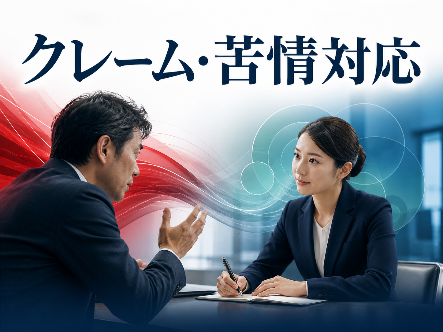 相手の話を聴き冷静にクレーム対応する様子を表す研修案内画像