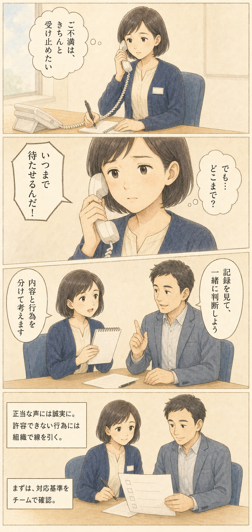 顧客の強い言葉に迷う担当者が、クレームの内容と行為を分けて考え、上長と対応基準を確認する4コマ漫画