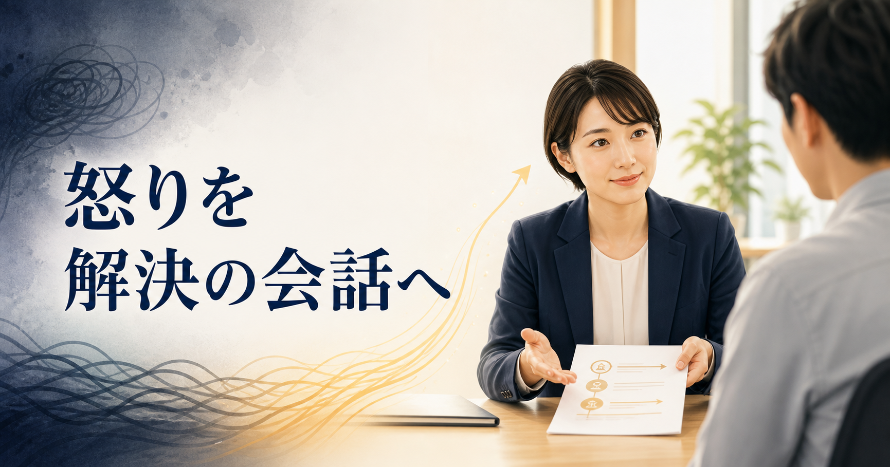 担当者が相談者の話を聞き、「怒りを解決の会話へ」と示すアイキャッチ画像