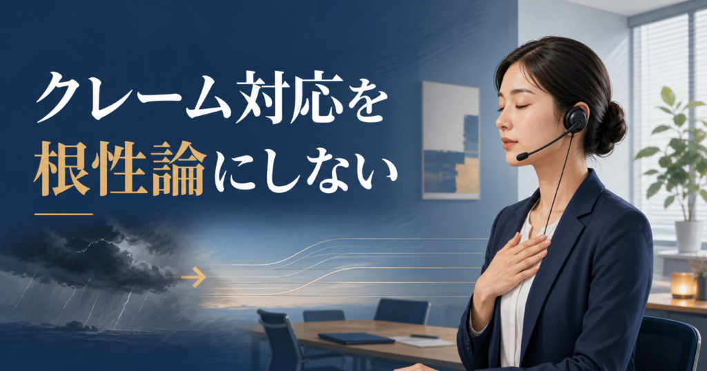 ヘッドセットを付けた担当者が呼吸を整え、「クレーム対応を根性論にしない」と示すアイキャッチ画像