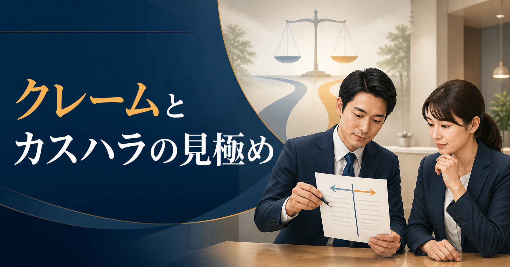 書類を見ながら対応方針を確認する2人の担当者と、「クレームとカスハラの見極め」と示すアイキャッチ画像