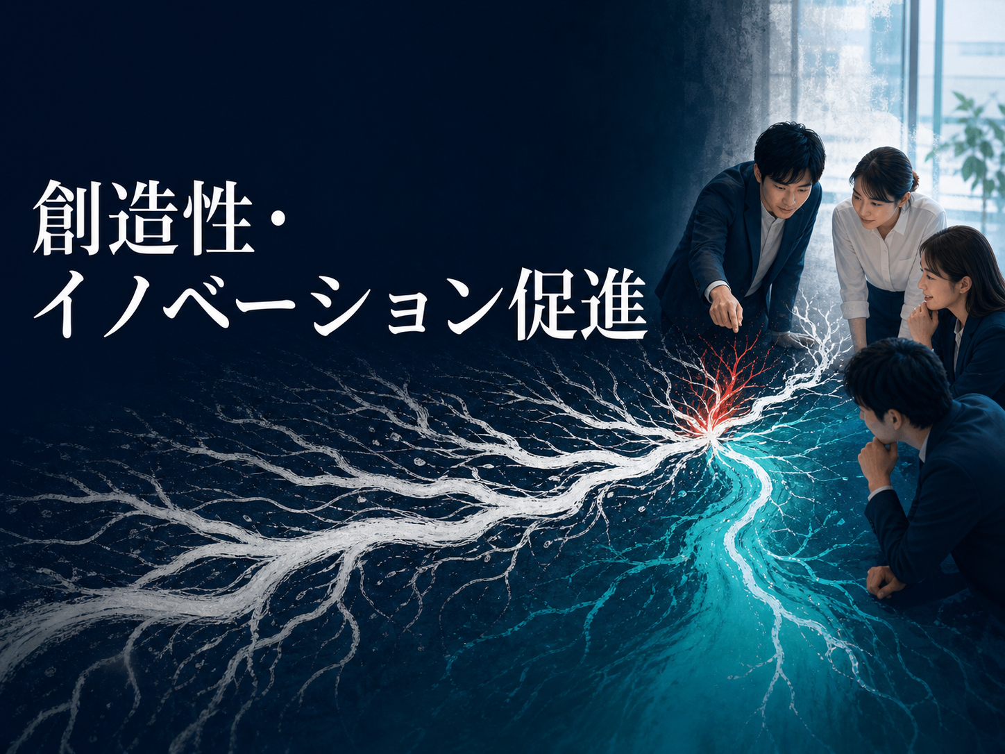 複数の発想から新しいアイデアが生まれる様子を表す研修案内画像