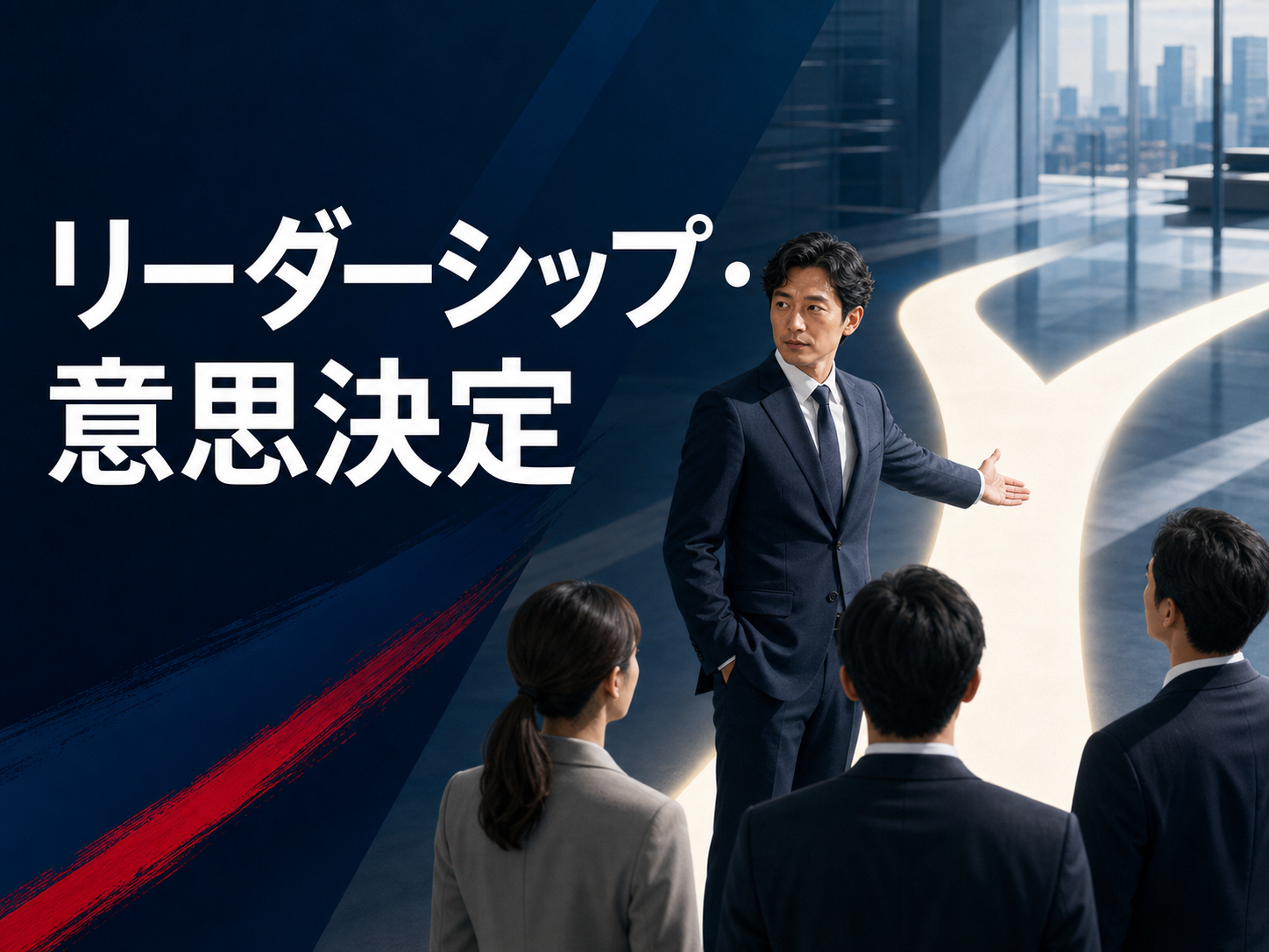 リーダーがチームの進む方向を示す様子を表す研修案内画像