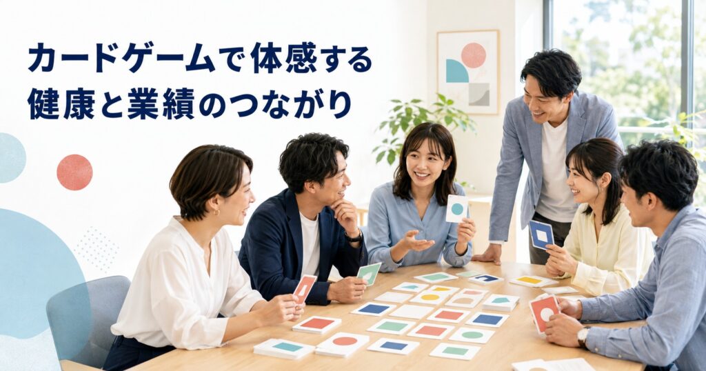 健康経営ゲーム研修のイメージ。社員が明るい会議室でカードを囲み、楽しみながら話し合っている様子